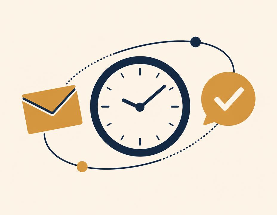 Ilustración de un reloj con un sobre de correo y un mensaje confirmado