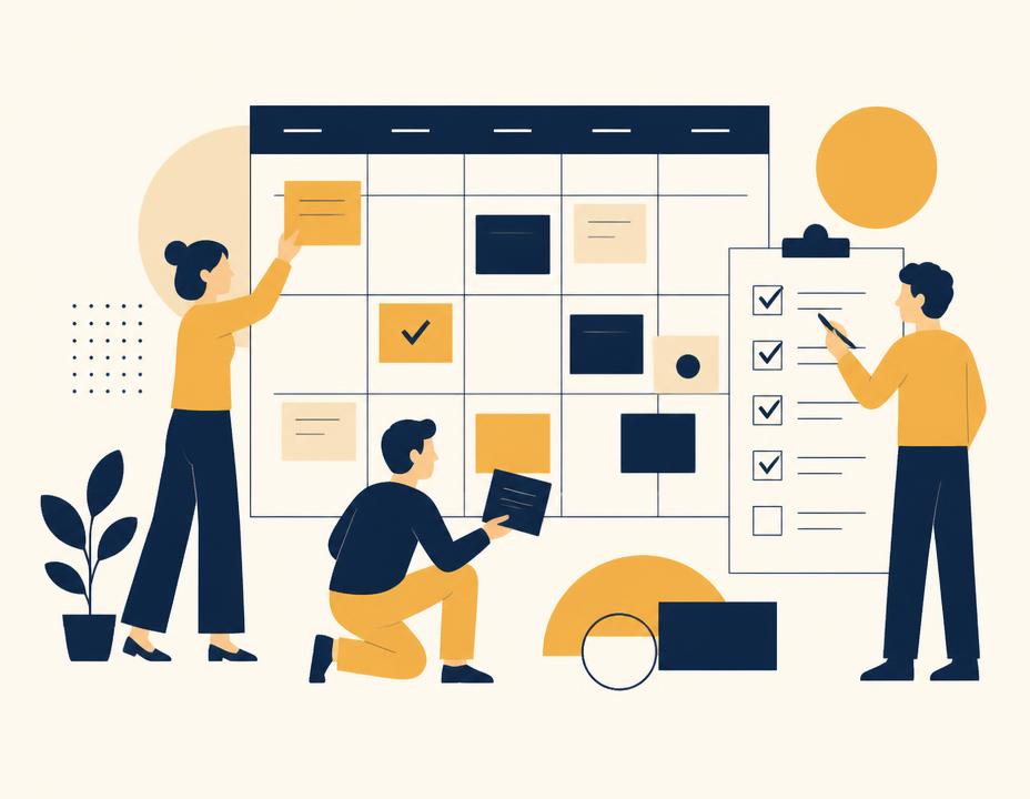 Ilustración de un equipo organizando una agenda con tarjetas y una checklist