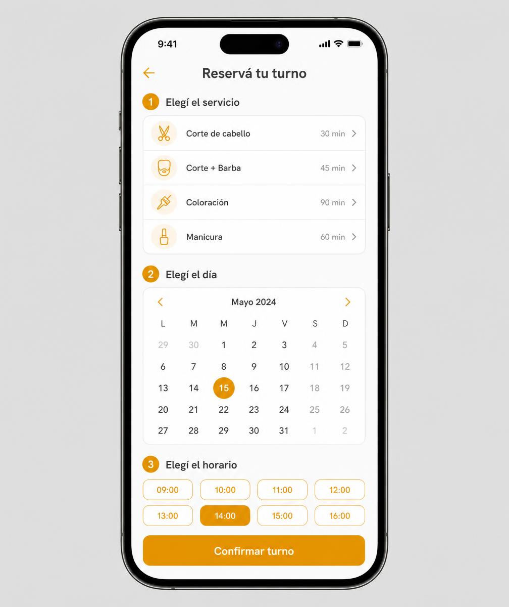 Pantalla de reserva en el celular: elegir servicio, día y horario